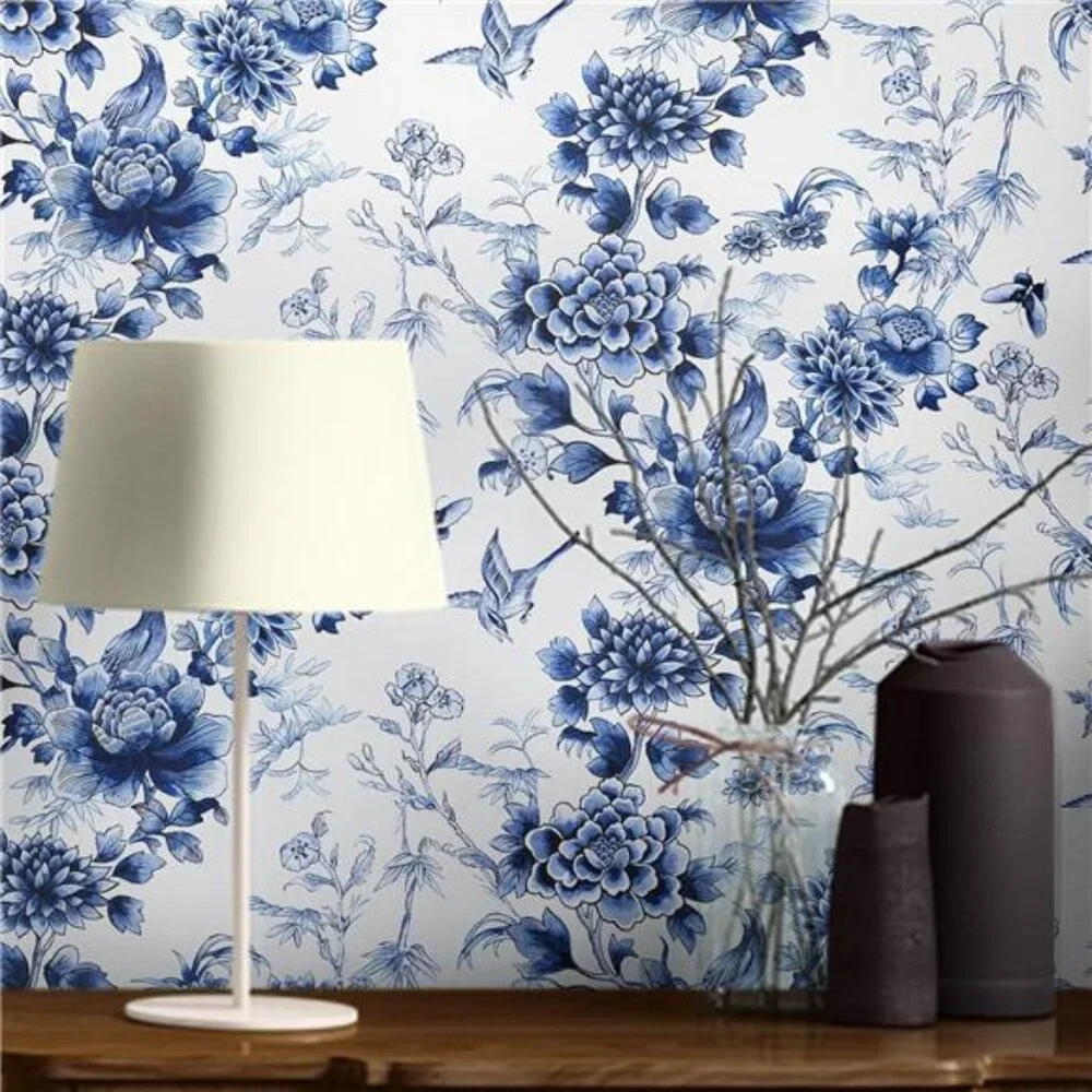 Peel and Stick Wallpaper Blue Flower White Design Self Adhesive Wall Paper